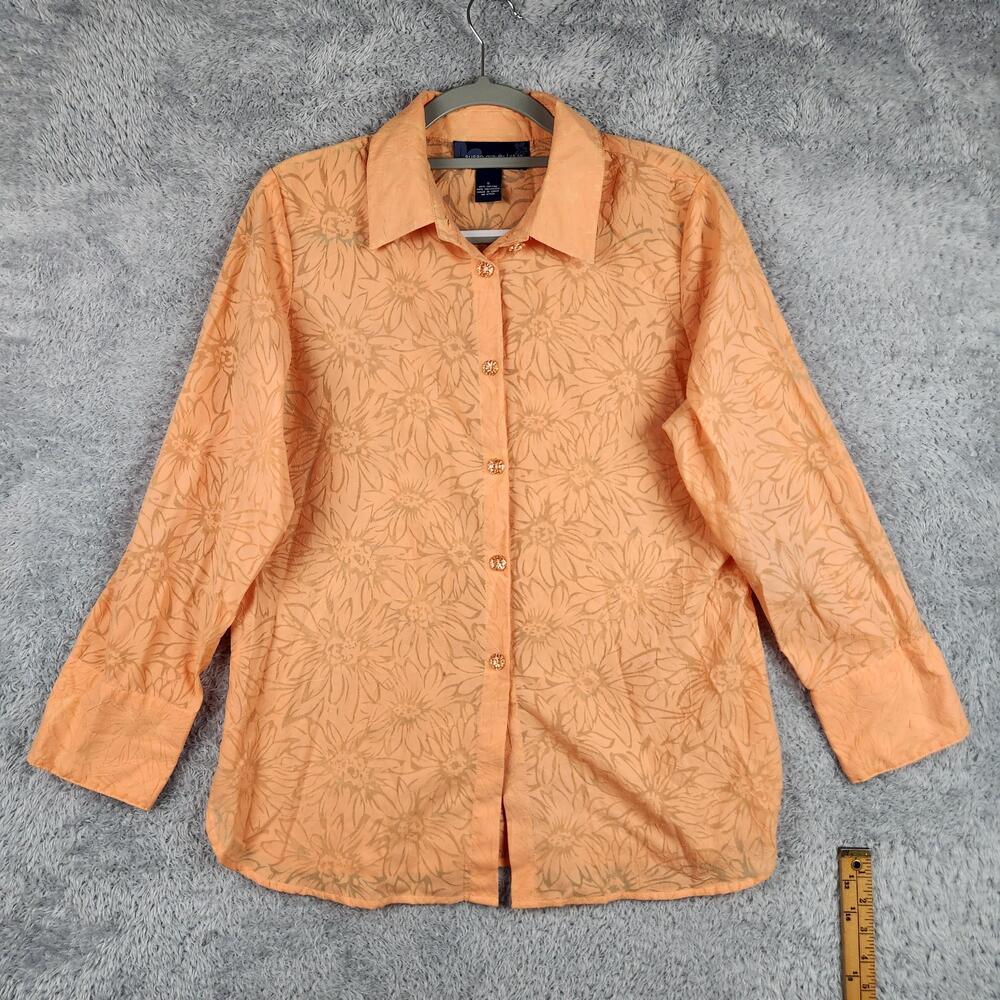 Vintage Susan Graver Style Shirt Womens Small Orange Floral Button Spring Top